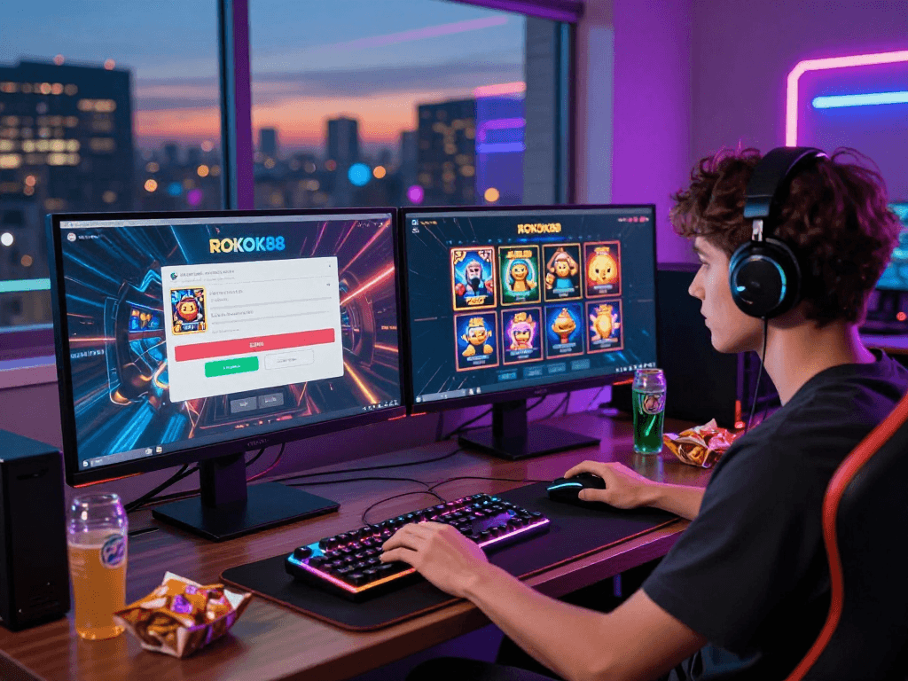 Exciting gaming atmosphere as a user initiates rokok88 login, surrounded by vibrant décor and tech essentials.