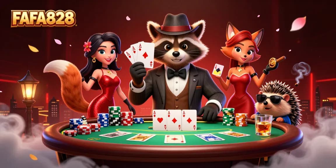 Experience FAFA828's exciting poker setting with charming characters and vibrant casino elements.