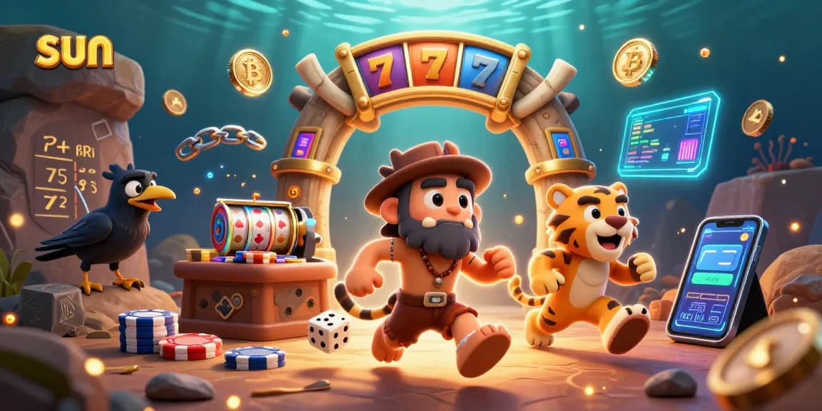 Engage with the sun-themed prehistoric casino adventure featuring vibrant slot reels and crypto elements.