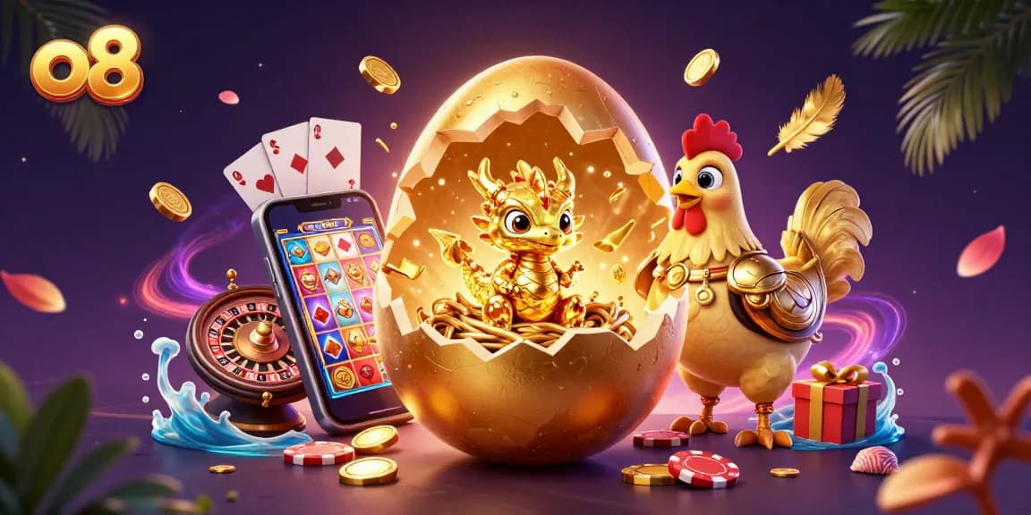 Experience exciting wins at o8 with a golden dragon and vibrant casino elements in this captivating illustration.