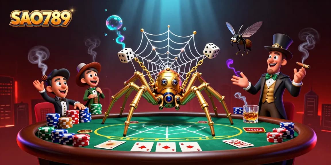 SAO789 features a steampunk golden spider with poker elements and vibrant casino atmosphere.
