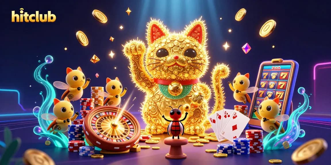 Hitclub thrives in an exciting casino scene with a giant lucky cat and dynamic golden elements.