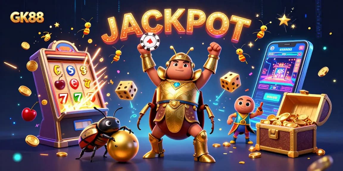 Engage with GK88 through a vibrant 3D casino scene featuring dynamic slot elements and jackpot celebrations.