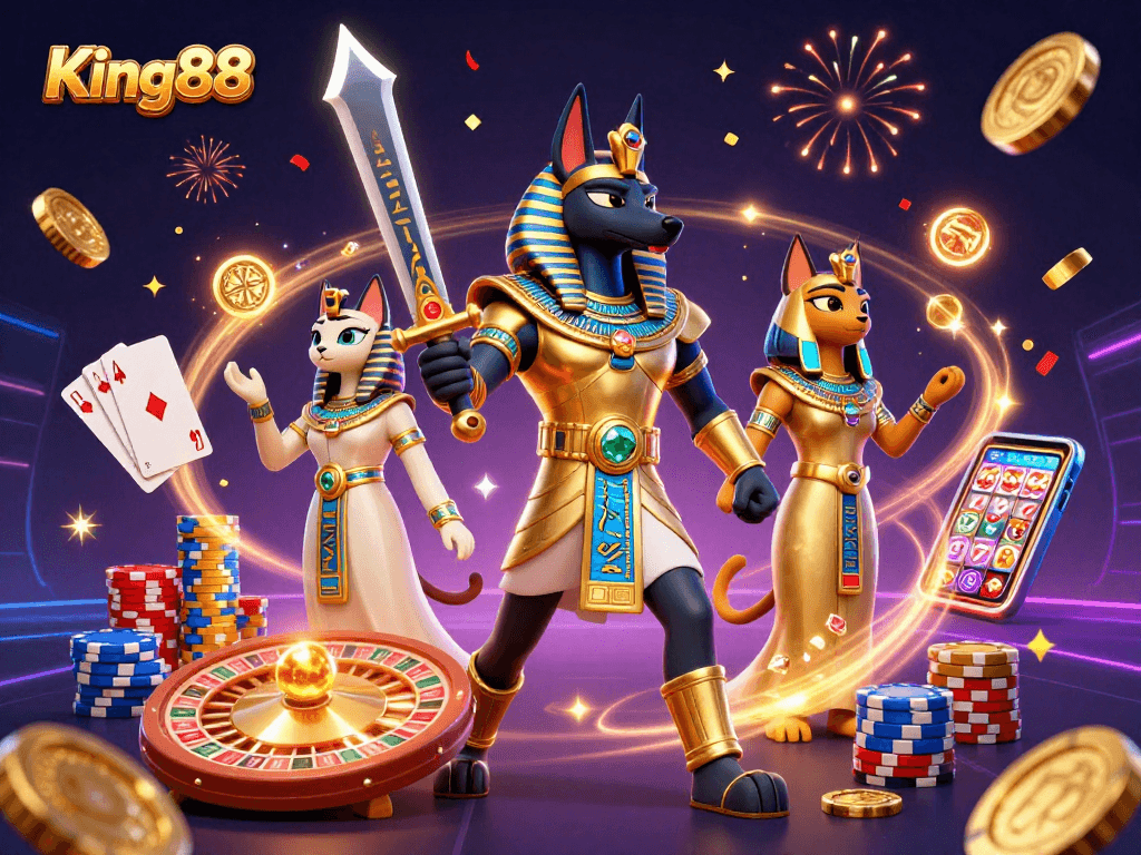 Experience the excitement of King88 with Anubis and Bastet in a stunning casino scene.