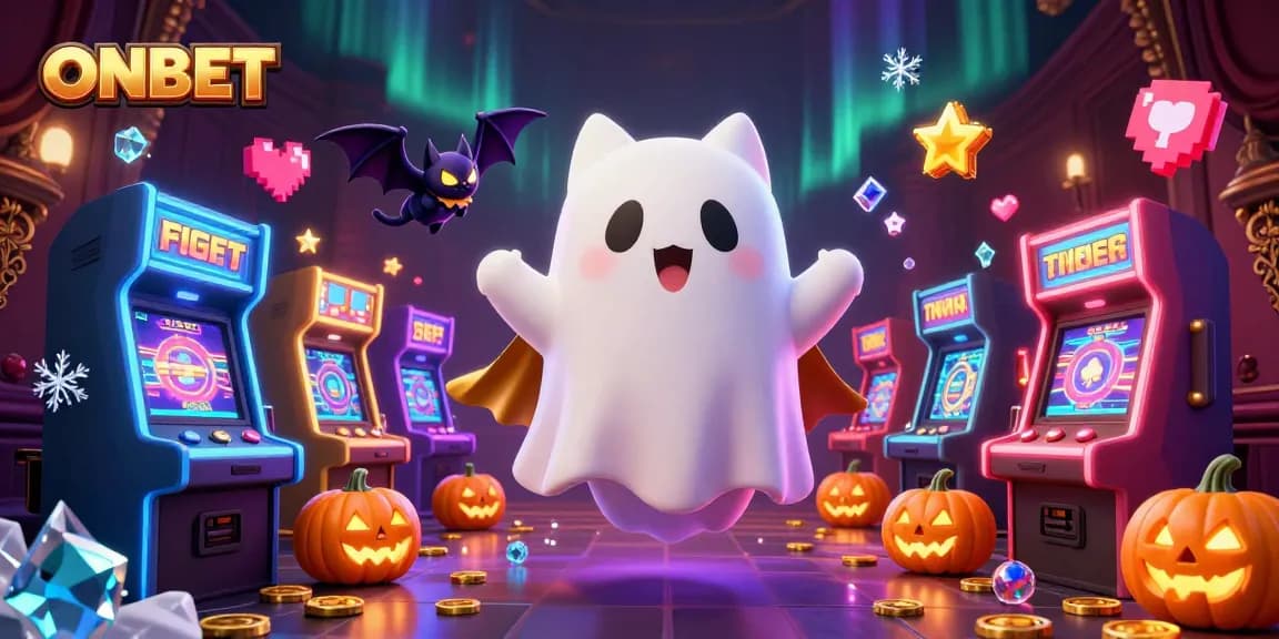 ONBET gaming scene featuring a friendly ghost cat, vampire bat, and glowing poker jack-o-lanterns in a haunted casino