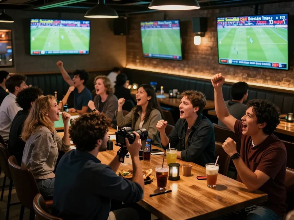 Socolive Truc Tiep Bong Da action with fans in a lively sports bar celebrating a live football match.