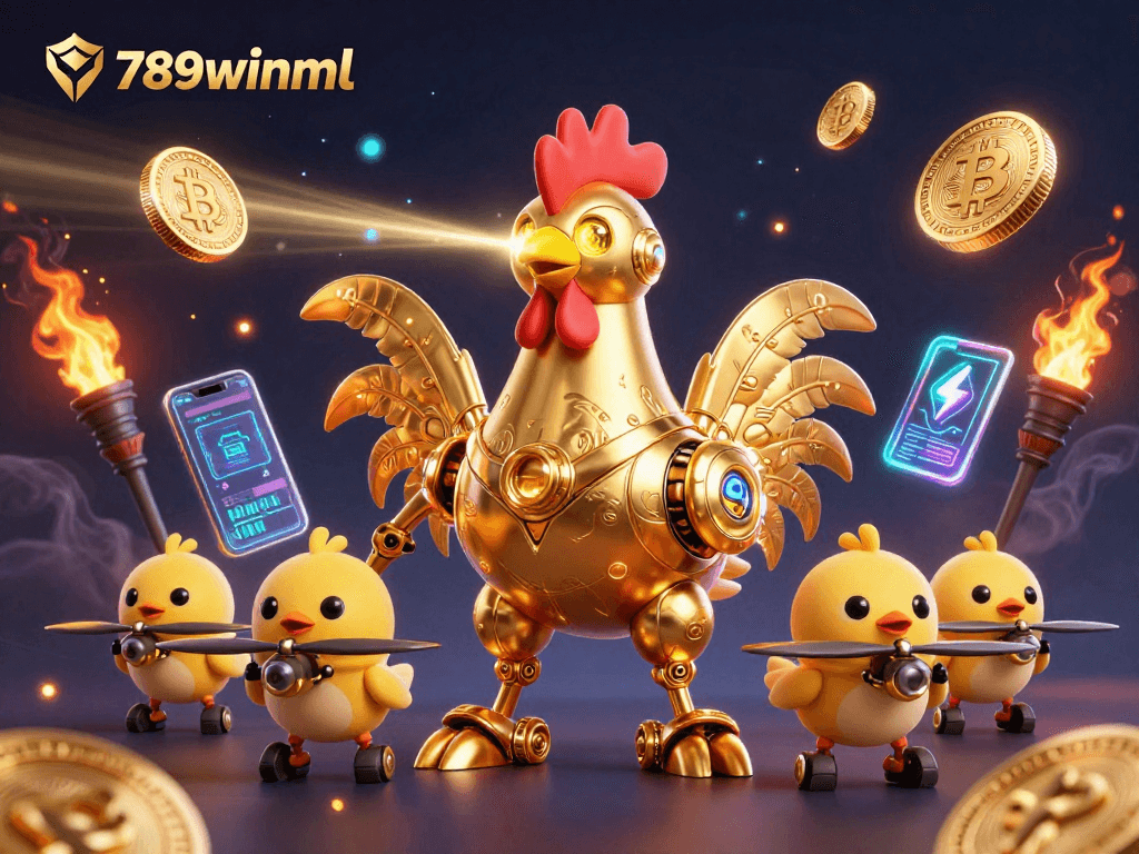 Witness the thrilling action of 789winml with a golden rooster robot and crypto elements.