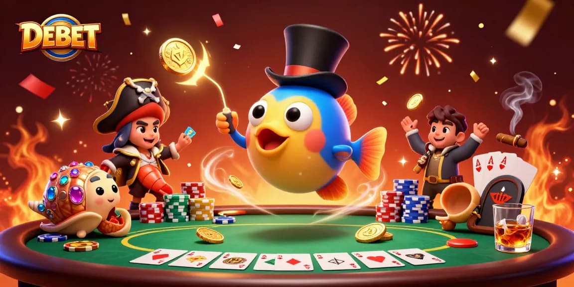 Engage with DEBET's vibrant casino world featuring deep-sea characters in a thrilling poker scene.