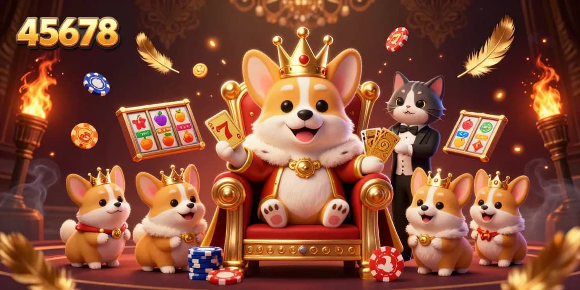 Experience big wins with 45678 as a royal corgi presides over a vibrant casino scene.