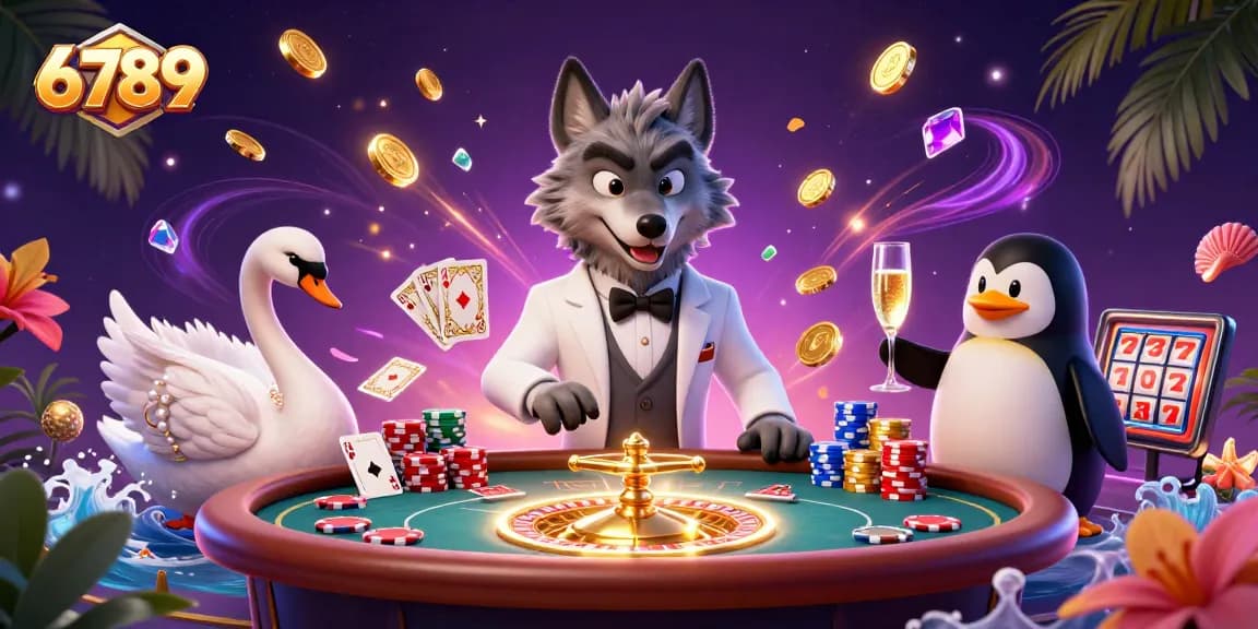 Engage with the dynamic 6789 casino scene featuring iconic characters at a baccarat table amidst floating riches.