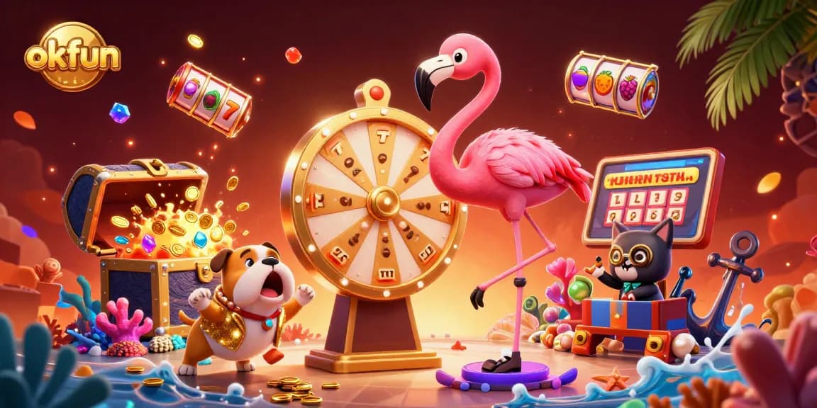 Spin the okfun prize wheel with vibrant slots, shiny treasures, and an exciting casino scene filled with energy.