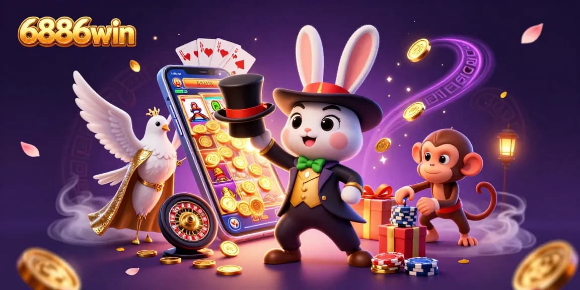 Win big with 6886win as a magician rabbit pulls coins, surrounded by dynamic casino elements.