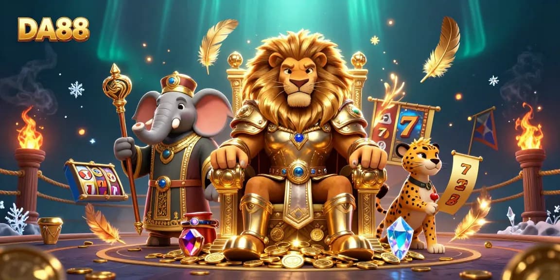 DA88 showcases thrilling casino gaming with a lion king, elephant advisor, and cheetah messenger.