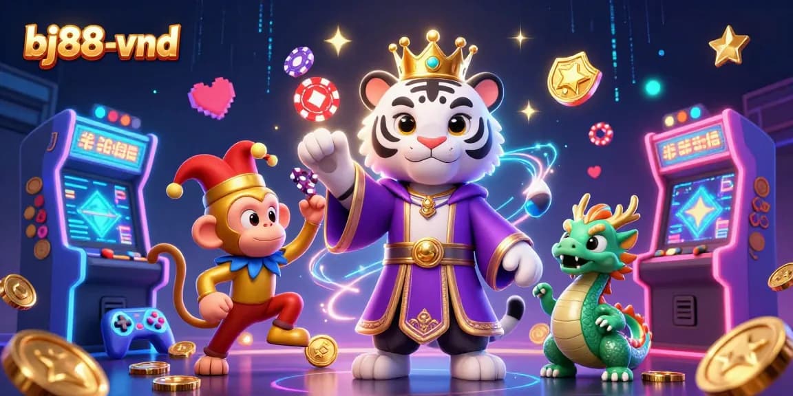 Engage in thrilling games at bj88-vnd where a vibrant illustration showcases a white tiger, monkey, and dragon embodying casino excitement.