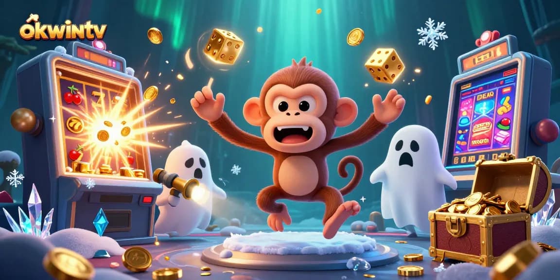 Engaging scene of okwintv with a mischievous monkey juggling golden objects in a vibrant casino setting.