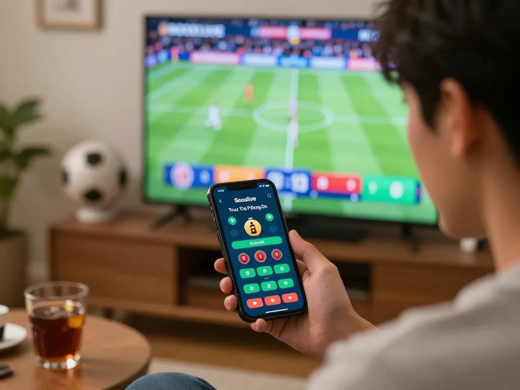 Socolive Truc Tiep Bong Da active sports betting experience with a user engaged on their smartphone, enhancing the thrill of live betting in a vibrant setting.
