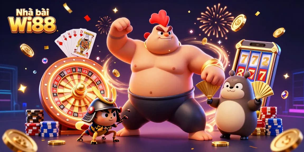 Win spectacular rewards at Nhà cái Wi88 with an energetic 3D casino scene featuring iconic characters and vibrant gambling elements.