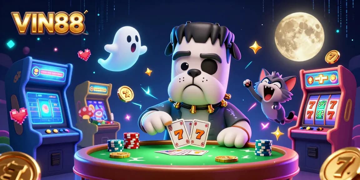 Engage with thrilling slots at VIN88 featuring fun characters like a Frankenstein bulldog and ghost mouse.