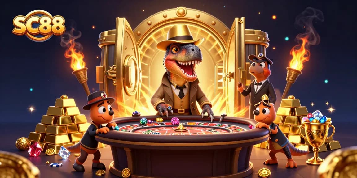 SC88 roulette table scene featuring a velociraptor card counter, suspicious pit boss, and sneaky compy.