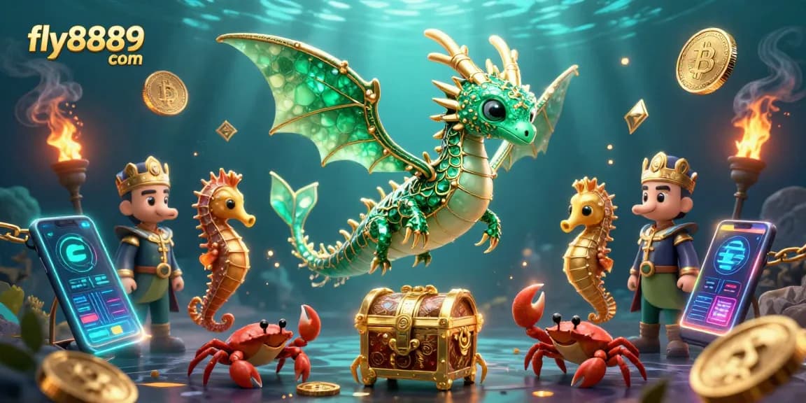 Join the excitement at fly8889 com as you game with a vibrant sea dragon and crypto elements.