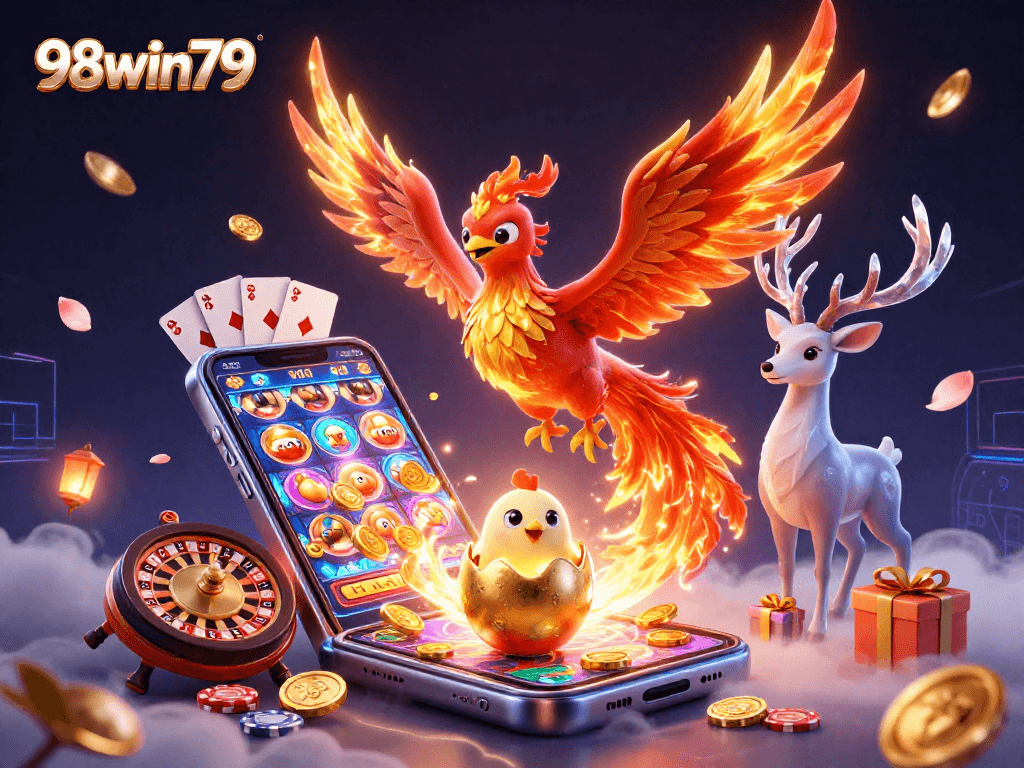 Engage with the vibrant 98win79 fire phoenix in a dynamic casino scene filled with action and colors.