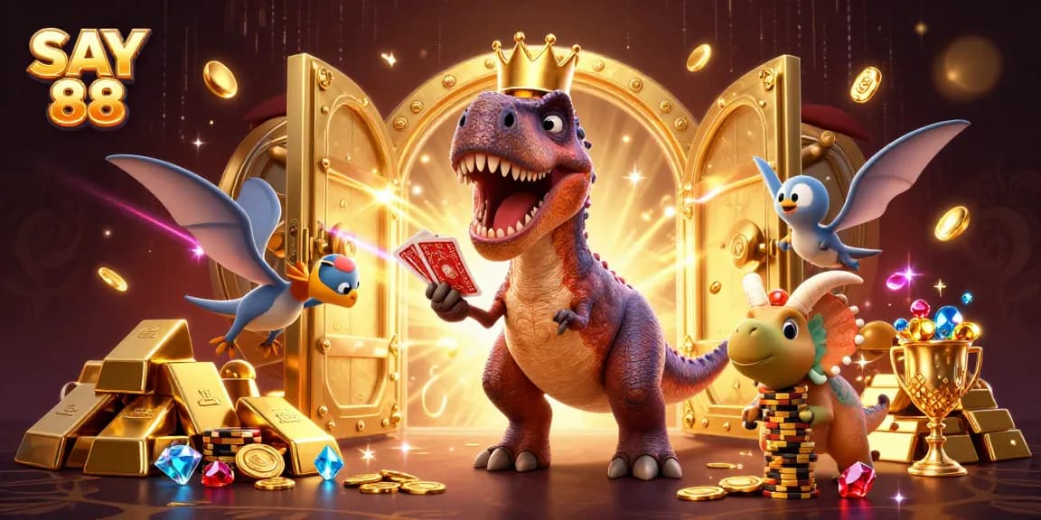 SAY 88 characters shuffle cards and stack chips in vibrant casino scene.
