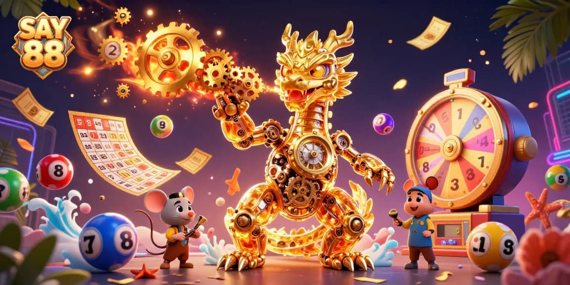 Engage with SAY 88 through a vibrant 3D casino scene filled with lottery elements and excitement.