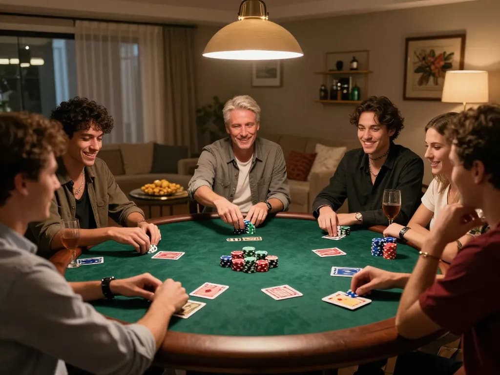 Friends enjoying a poker night at home on 98win with strategy discussions and vibrant atmosphere.