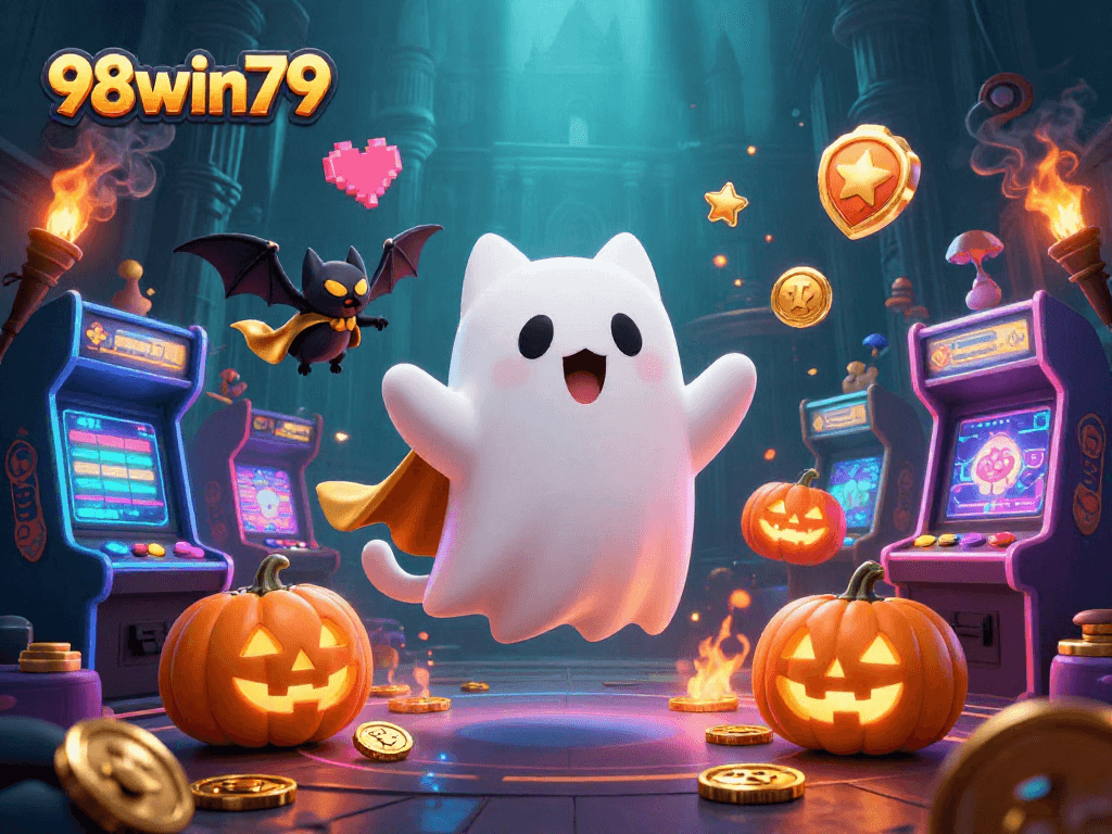 Experience thrilling gaming adventures with 98win79 in this vibrant haunted casino scene.