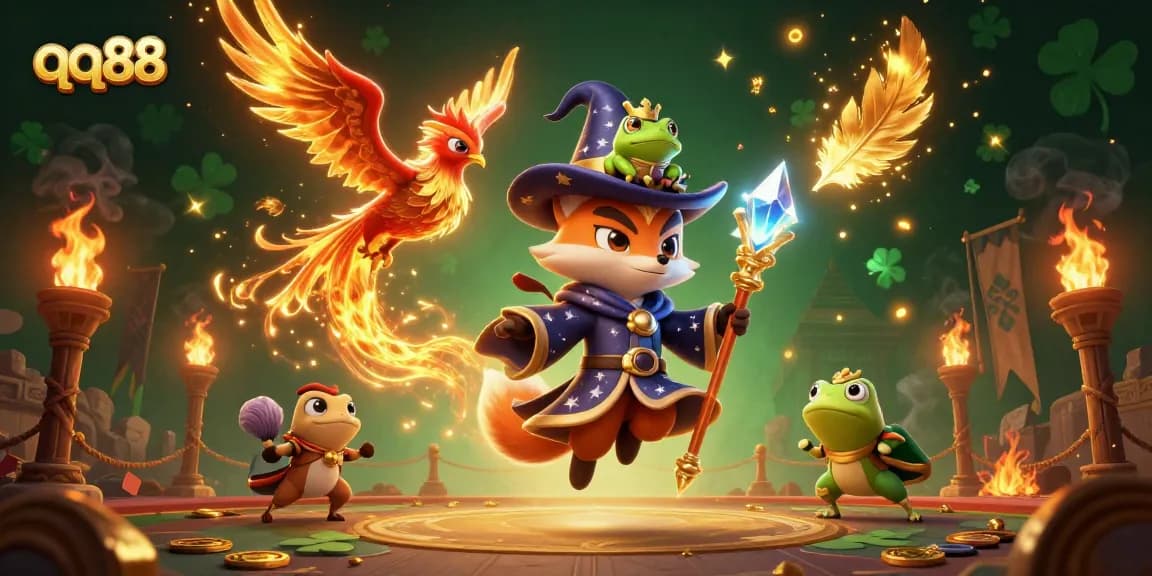 Engage in thrilling gameplay with the qq88 wizard fox and phoenix in a rich, vibrant casino setting.