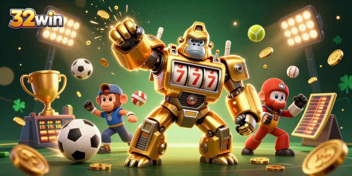 Engage with 32win's dynamic gaming experience featuring a golden gorilla mech and vibrant sports elements.