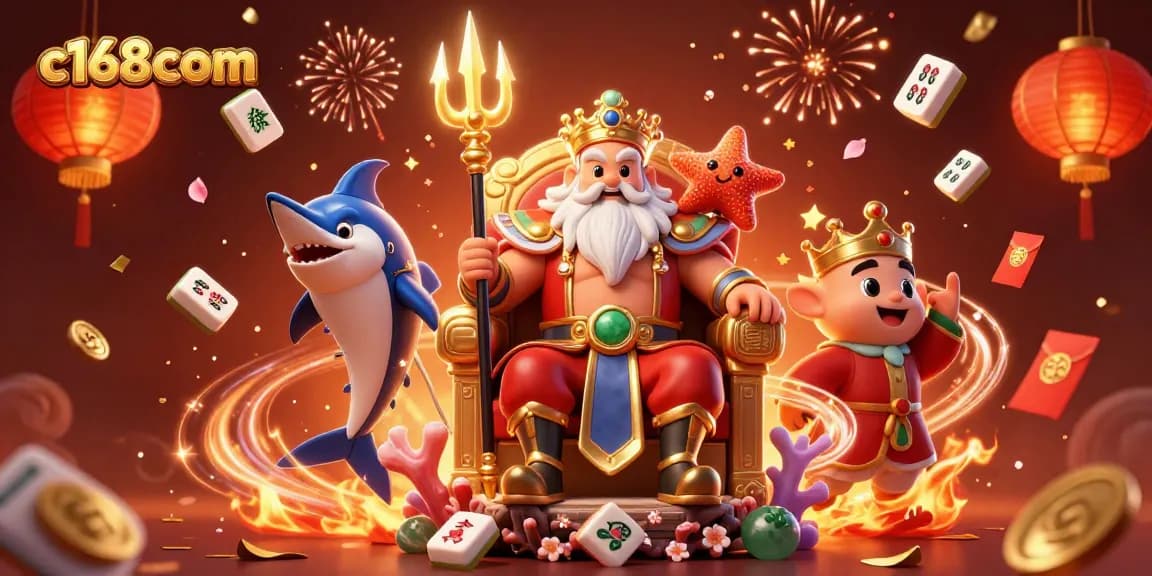 Play at c168com - a lively casino scene featuring Neptune and festive elements.