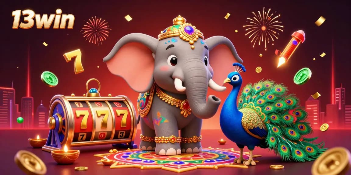 Experience thrilling wins at 13win with spinning jackpots and vibrant casino elements in a dazzling 3D illustration.