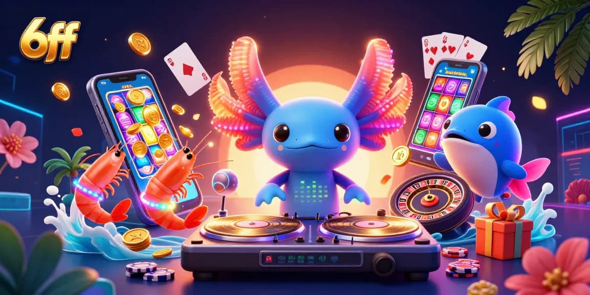 Engage with 6ff's vibrant casino scene featuring a neon axolotl DJ and thrilling slot games.