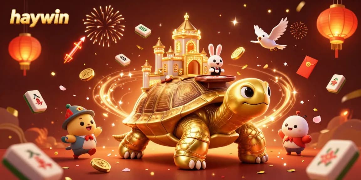 Experience the excitement of haywin casino with a dynamic scene featuring a golden tortoise and festive elements.