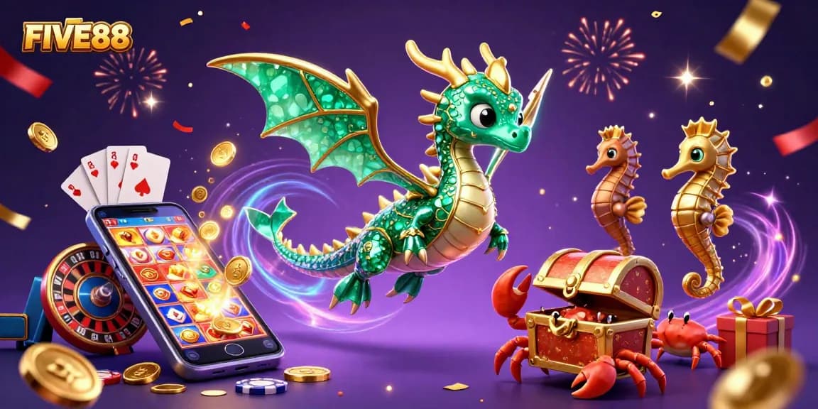 Experience the exciting FIVE88 casino adventure with a vibrant 3D fantasy scene filled with games and treasures.