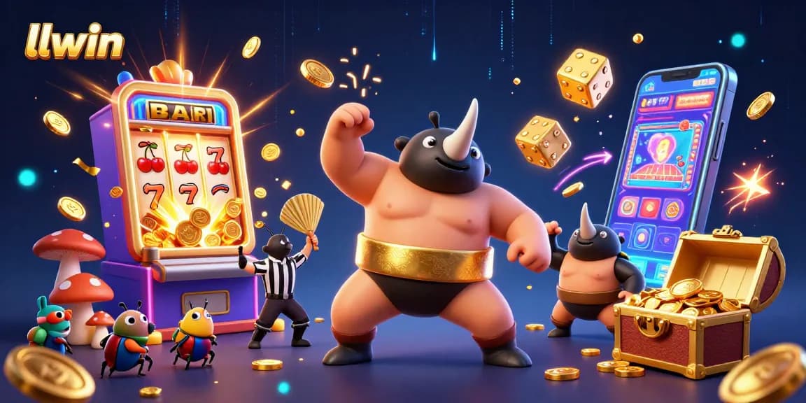 llwin's dynamic casino scene with a rhinoceros beetle champion and vibrant game elements.