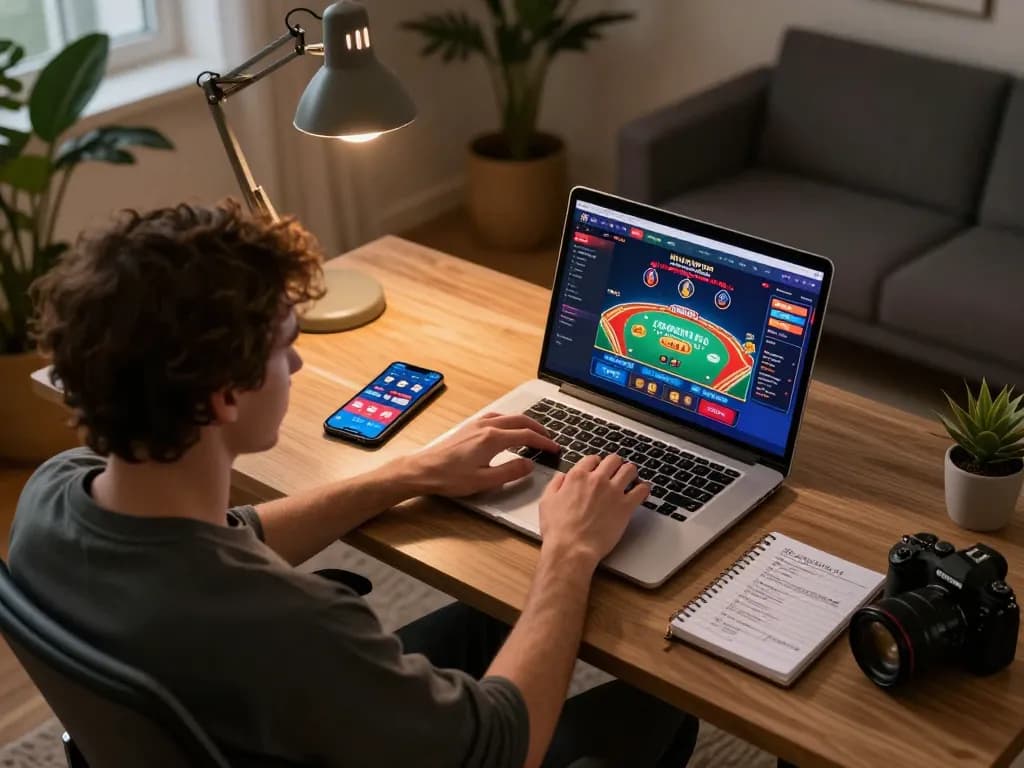 Engaging in online casino gaming strategies with VA88 on a laptop in a stylish home setup.