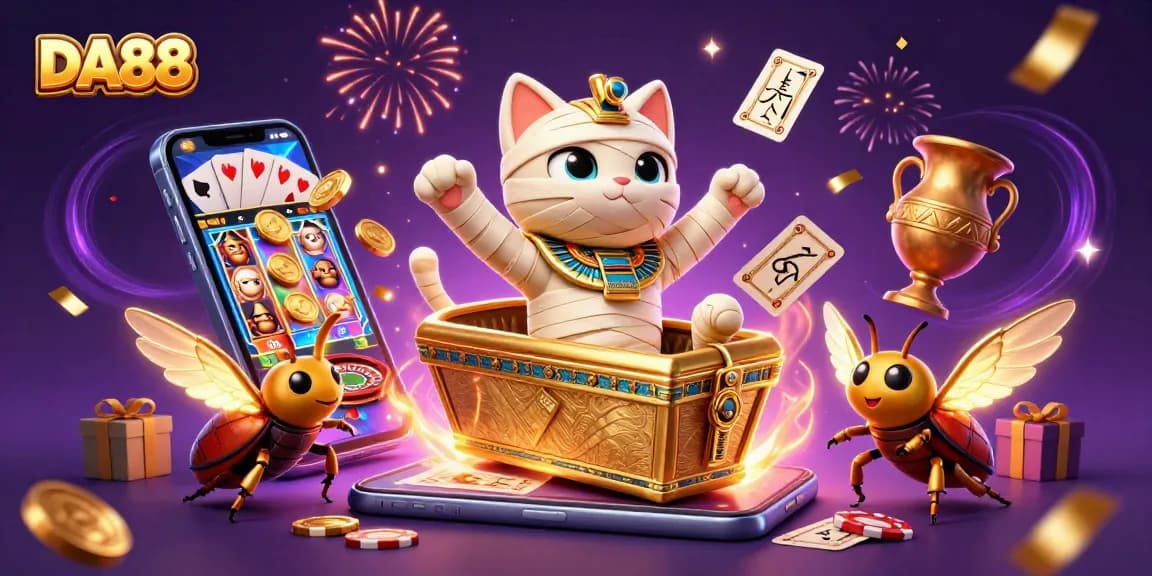 Engage in thrilling gaming with DA88, featuring a mummy cat bursting into a vibrant casino scene.