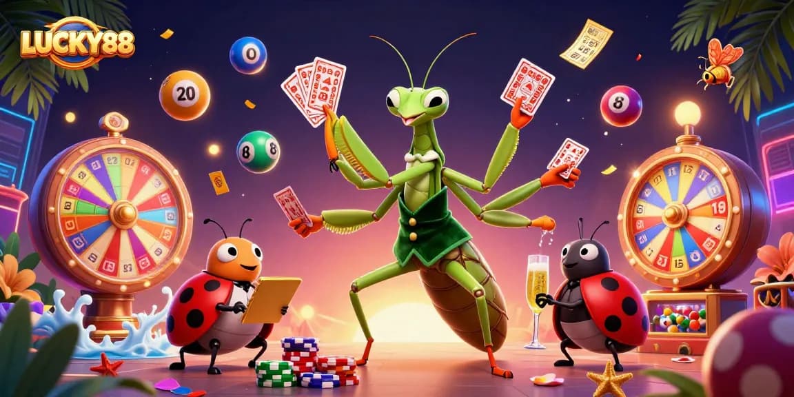 Engage with LUCKY88 slot excitement through a vibrant illustration of a casino scene.