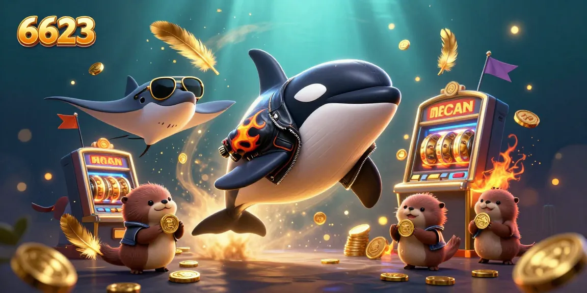 Engage with 6623's immersive gaming adventure featuring a playful orca and otters in a vibrant casino setting.