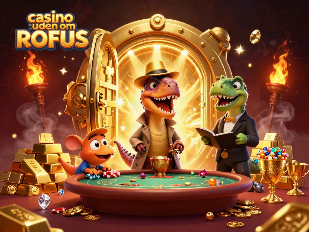 Experience thrilling gameplay at casino uden om ROFUS with exciting characters in a wealth-filled scene.