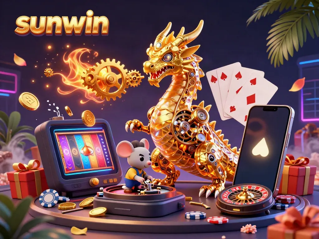 Engage with sunwin's vibrant casino scene featuring a golden dragon and slot game elements.