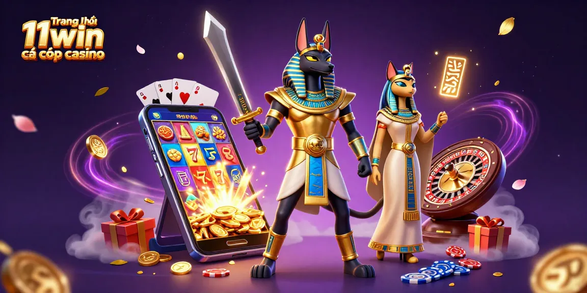 Engage with Trang chủ 11win cá cược casino, featuring an epic 3D scene of Anubis and Bastet amidst vibrant gambling elements.
