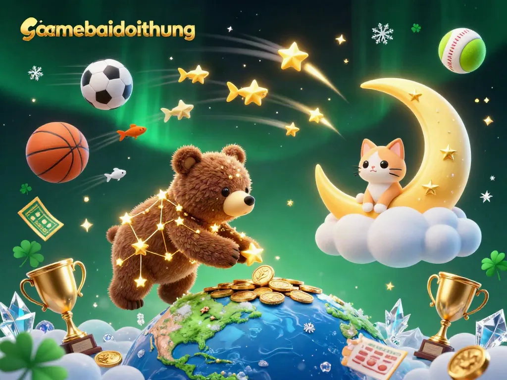 Engage with gamebaidoithuong as the constellation bear collects coins, surrounded by dynamic sports elements.