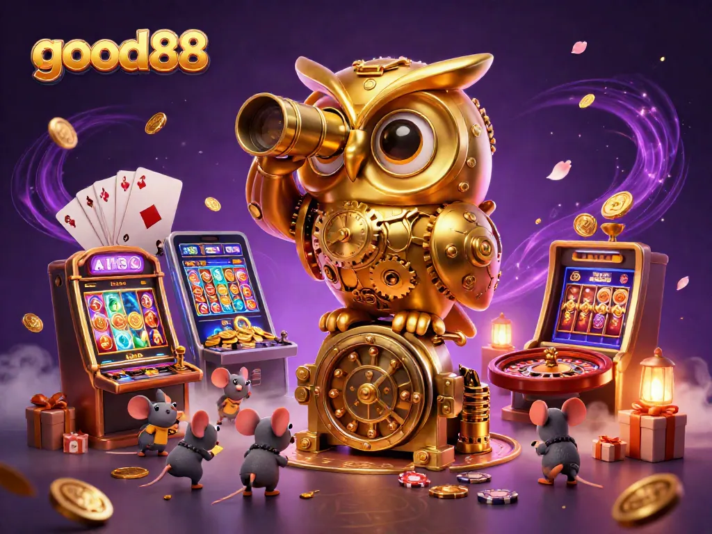 Engage in exciting gameplay at good88 with the golden owl overseeing a vibrant casino scene.