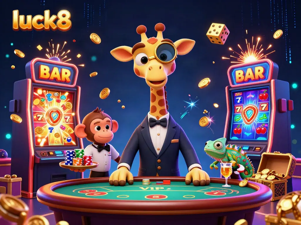 Experience luck8 by engaging with a vibrant 3D casino scene featuring dynamic game elements and animated characters.