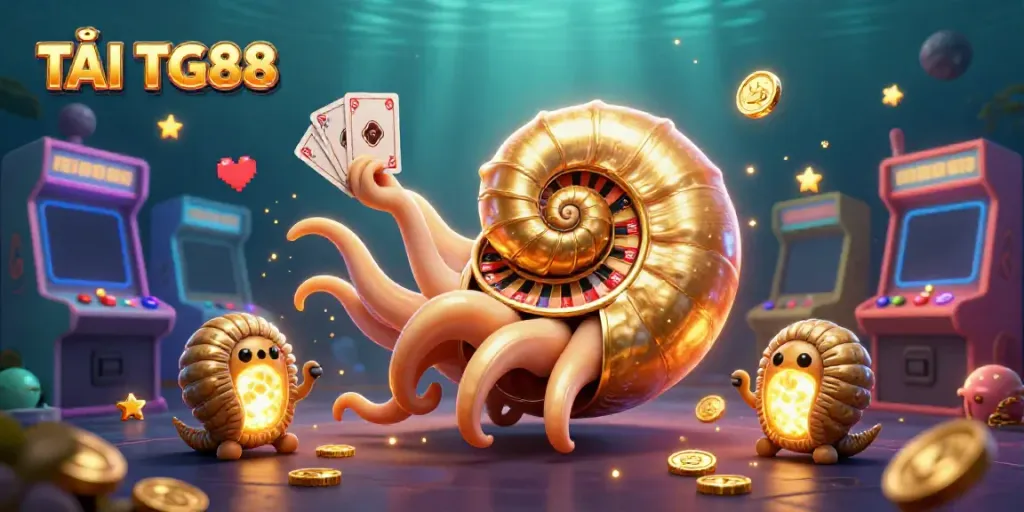 TẢI TG88 with 3D nautilus and luminous ammonite companions at an energetic online casino scene.