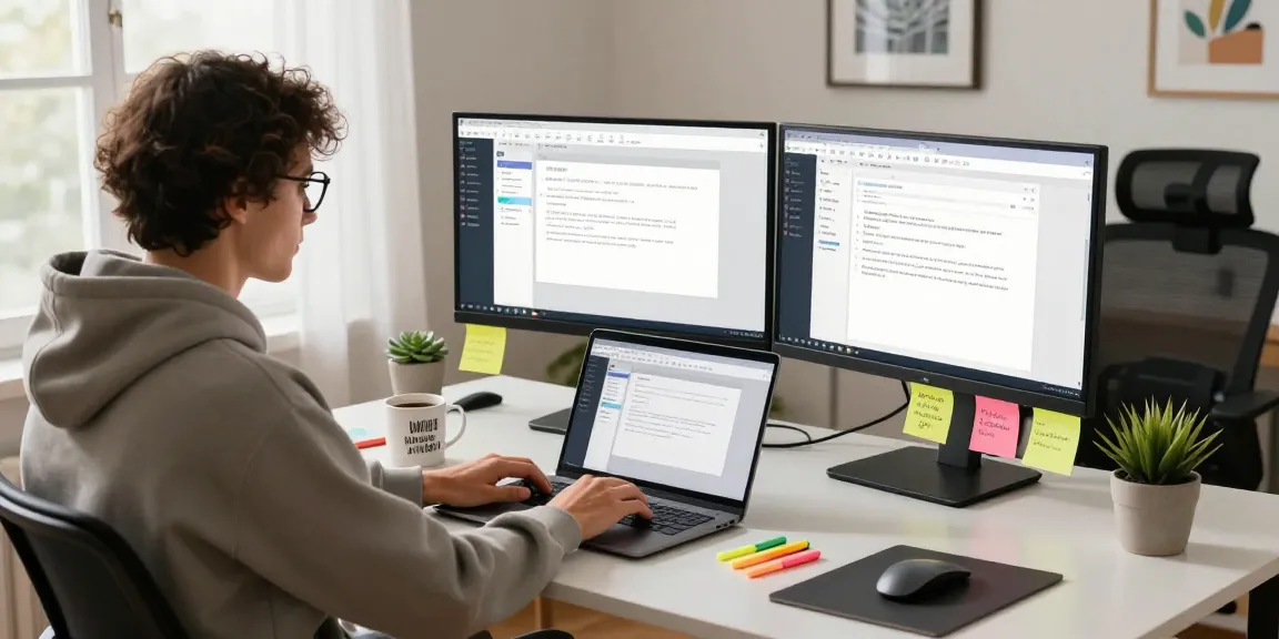WPS Download setup for remote work showcasing organized workspace with laptop and multiple screens.
