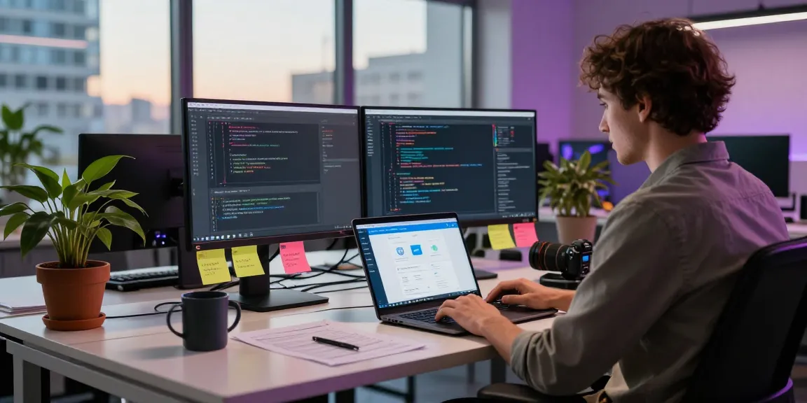 Developer utilizing the Telegram Web Version on the laptop in a modern office setup.